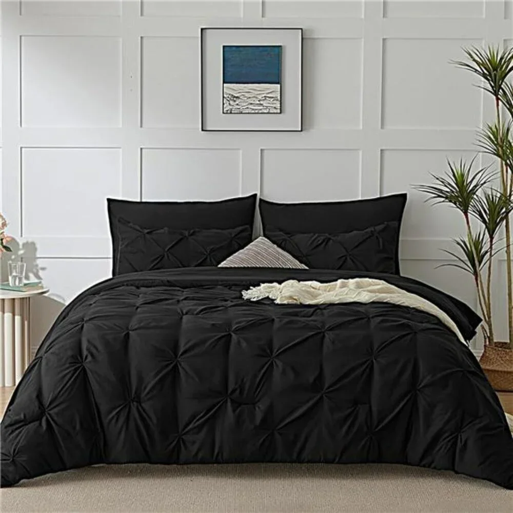 HIMEET Queen Comforter Set 7 Piece Black Pinch Pleat Bed in a Bag Bedding
